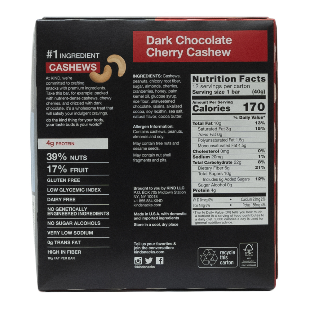 Kind: Dark Chocolate Cherry Cashew Bar 12 Servings