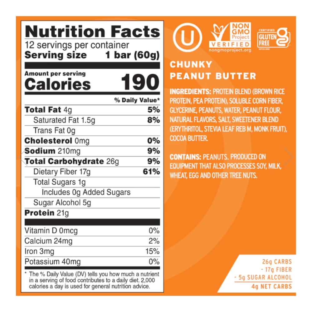 No Cow.: Chunky Peanut Butter Protein Bar 12 Servings