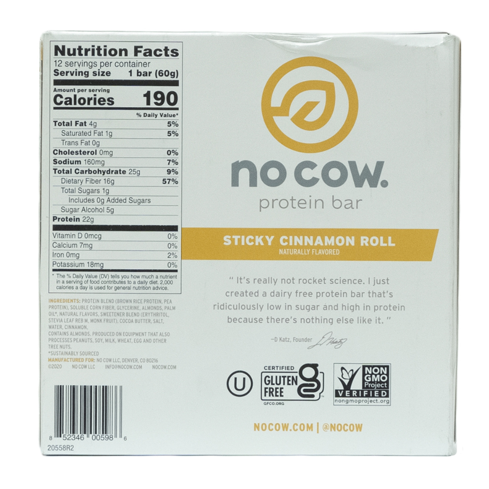 No Cow.: Protein Bar Sticky Cinnamon Roll 12 Servings